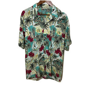 Pikake Plantation Hawaiian Aloha Tiki Shirt Men Short Sleeve Sz L Surf Classic